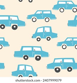 Seamless pattern with cute car on color background. Cartoot transport. Vector illustration. Doodle style. Design for baby print, invitation, poster, card, fabric, textile.