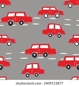 Patrón sin brillo con auto lindo sobre fondo de color. Transporte de caricaturas. Ilustración vectorial. Estilo Doodle. Diseño para impresión de bebés, invitación, afiche, tarjeta, tela, textil.