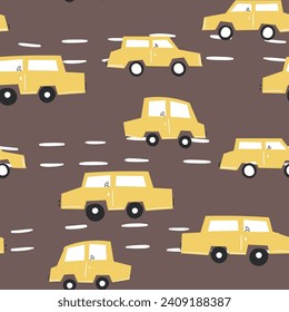 Seamless pattern with cute car on color background. Cartoot transport. Vector illustration. Doodle style. Design for baby print, invitation, poster, card, fabric, textile.