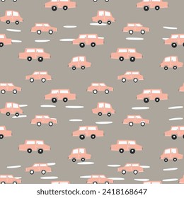 Patrón sin brillo con auto lindo sobre fondo de color. Transporte de caricaturas. Ilustración vectorial. Estilo Doodle. Diseño para impresión de bebés, invitación, afiche, tarjeta, tela, textil.