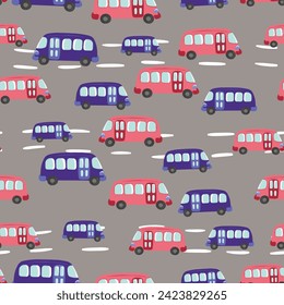 Patrón sin brillo con auto lindo sobre fondo de color. Transporte de caricaturas. Ilustración vectorial. Estilo Doodle. Diseño para impresión de bebés, invitación, afiche, tarjeta, tela, textil.