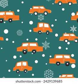 Seamless pattern with cute car on color background. Cartoot transport. Vector illustration. Doodle style. Design for baby print, invitation, poster, card, fabric, textile.
