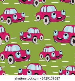 Seamless pattern with cute car on color background. Cartoot transport. Vector illustration. Doodle style. Design for baby print, invitation, poster, card, fabric, textile.
