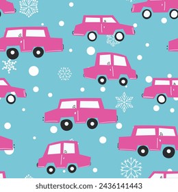 Patrón sin fisuras con el coche lindo en el fondo del color. Transporte de caricaturas. Ilustración vectorial. Estilo Doodle. Diseño para impresión de bebé, invitación, póster, tarjeta, tela, textil.