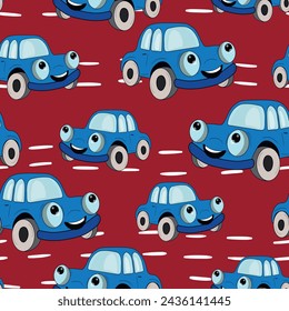 Patrón sin fisuras con el coche lindo en el fondo del color. Transporte de caricaturas. Ilustración vectorial. Estilo Doodle. Diseño para impresión de bebé, invitación, póster, tarjeta, tela, textil.