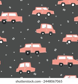 Seamless pattern with cute car on color background. Cartoot transport. Vector illustration. Doodle style. Design for baby print, invitation, poster, card, fabric, textile.