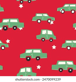 Seamless pattern with cute car on color background. Cartoot transport. Vector illustration. Doodle style. Design for baby print, invitation, poster, card, fabric, textile.
