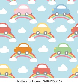 Patrón sin fisuras de lindo coche en el fondo del cielo de la nube del arco iris. Traffic.Cartoon dibujado a mano design.Kawaii.Vector.Illustration.