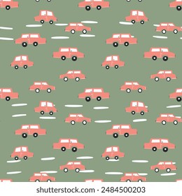 Seamless pattern with cute car on color background. Cartoot transport. Vector illustration. Doodle style. Design for baby print, invitation, poster, card, fabric, textile.