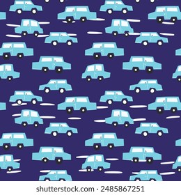 Patrón sin fisuras con el coche lindo en el fondo del color. Transporte de caricaturas. Ilustración vectorial. Estilo Doodle. Diseño para impresión de bebé, invitación, póster, tarjeta, tela, textil.