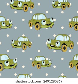 Seamless pattern with cute car on color background. Cartoot transport. Vector illustration. Doodle style. Design for baby print, invitation, poster, card, fabric, textile.