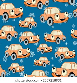 Seamless pattern with cute car on color background. Cartoot transport. Vector illustration. Doodle style. Design for baby print, invitation, poster, card, fabric, textile.