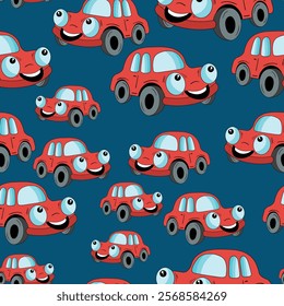 Seamless pattern with cute car on color background. Cartoot transport. Vector illustration. Doodle style. Design for baby print, invitation, poster, card, fabric, textile.