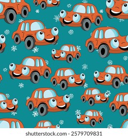 Seamless pattern with cute car on color background. Cartoot transport. Vector illustration. Doodle style. Design for baby print, invitation, poster, card, fabric, textile.