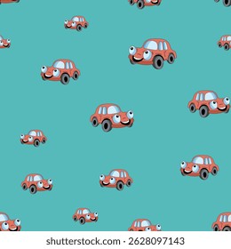 Seamless pattern with cute car on color background. Cartoot transport. Vector illustration. Doodle style. Design for baby print, invitation, poster, card, fabric, textile.