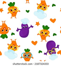 Seamless pattern cute carrot and eggplant dressed in a chef's hat and smiling happily. Carrots have eyes, face, legs and arms and are very cute. Pattern for baby products, textiles and packaging.