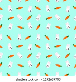 seamless pattern with cute carrot and rabbit face on blue background, cute cartoon vegetable and animal wallpaper 