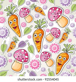 seamless pattern  with cute carrots and mushrooms