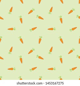 Seamless pattern with cute carrots on  green background. Simple minimalistic illustration.