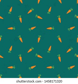 Seamless pattern with cute carrots on  green background. Simple minimalistic illustration.