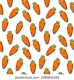 Seamless pattern with cute carrots on white background. Print, wallpaper, packaging paper design, textiles, notebooks, notepads, tableware and other things.