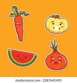 Seamless pattern of cute carrots and watermelon cartoon style on orange background. Pattern illustration for children and The character has arms and a face, he is happy and smiling.