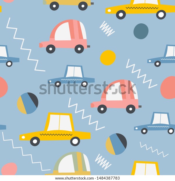 Seamless pattern with cute cars and automobiles\
in Scandinavian style. Vector childish texture for textile. Kids\
illustration for nursery design. Great for baby boy clothes,\
greeting card,\
wrapper.