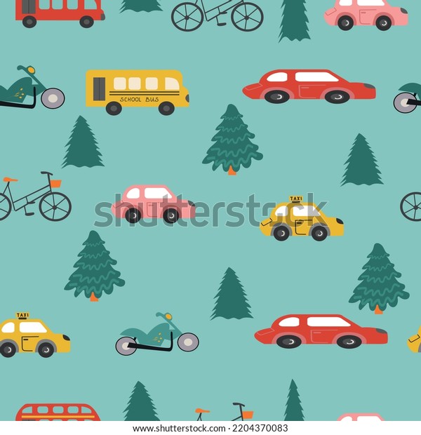 Seamless\
pattern with cute cars, bus and fir. Creative childish seamless\
pattern. Perfect for kids apparel, fabric, textile, nursery\
decoration, wrapping paper. Vector\
Illustration.