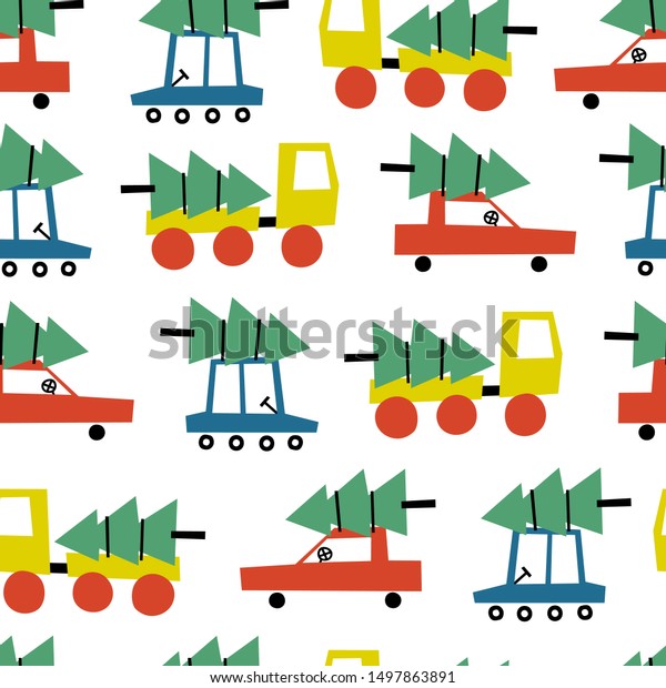 Seamless\
pattern with cute cars carry christmas tree. Perfect for kids\
fabric, textile, wrapping. Christmas\
wrapper.