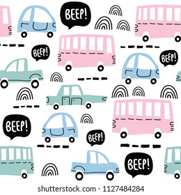 Seamless pattern with cute cars. Cartoon cars, road hatches, zebra crossing vector illustration. Perfect for kids fabric, textile, nursery wallpaper. Vector Illustration.