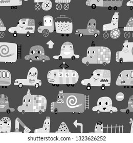 Seamless pattern with cute cars. Cartoon cars. Perfect for kids fabric, textile, nursery wallpaper. Vector Illustration.