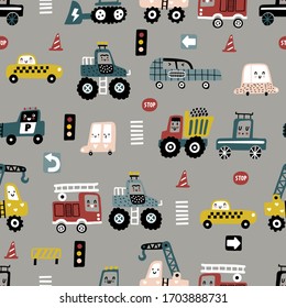 Seamless pattern with cute cars. Cartoon cars, road sign, zebra crossing vector illustration. Grey bachground.