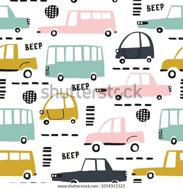 Seamless pattern with\
cute cars. Cartoon cars, road hatches, zebra crossing vector\
illustration. Perfect for kids fabric, textile, nursery wallpaper.\
Vector Illustration.