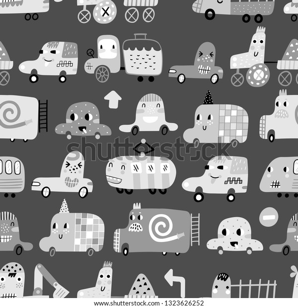 Seamless\
pattern with cute cars. Cartoon cars. Perfect for kids fabric,\
textile, nursery wallpaper. Vector\
Illustration.