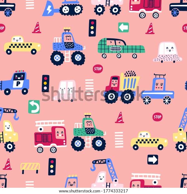 Seamless pattern\
with cute cars. Cartoon cars, road sign, zebra crossing vector\
illustration. Pink\
bachground.