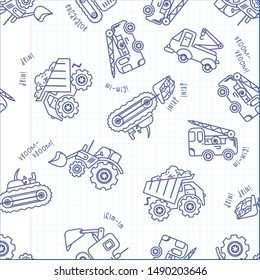 Seamless pattern with cute cars. children's cars handmade drawing. drawing in a notebook

