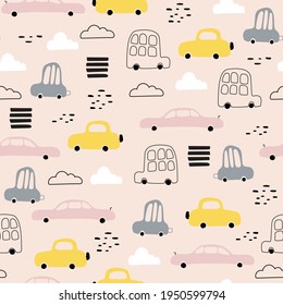 Seamless pattern of cute cars. Children's vector background. Printing on a poster, postcard, clothing, fabrics, textiles.