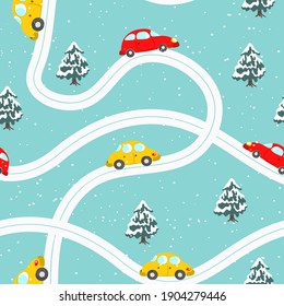 Seamless pattern with cute cars, christmas tree on blue winter background. Cartoot transport. Vector illustration. Doodle style. Design for baby print, invitation, poster, card, fabric, textile.