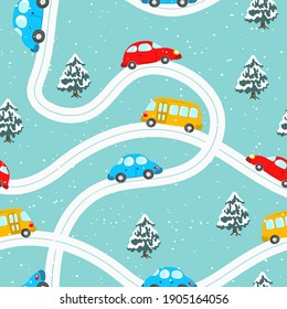 Seamless pattern with cute cars, christmas tree on blue winter background. Cartoot transport. Vector illustration. Doodle style. Design for baby print, invitation, poster, card, fabric, textile.