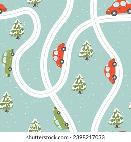 Seamless pattern with cute cars, christmas tree on blue winter background. Cartoot transport. Vector illustration. Doodle style. Design for baby print, invitation, poster, card, fabric, textile.