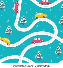 Seamless pattern with cute cars, christmas tree on blue winter background. Cartoot transport. Vector illustration. Doodle style. Design for baby print, invitation, poster, card, fabric, textile.