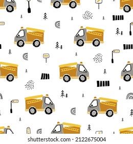 Seamless pattern with cute cars. Funny transport. Cartoon vector set in scandinavian style.  Simple childish style for kids Delicate cute texture. All elements are hidden under mask