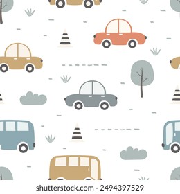 Patrón sin fisuras con coches lindos, hierba y árboles. Se utiliza para la tela, textil, Fondo de pantalla, envoltura, diseño de ropa de niños. Ilustración vectorial