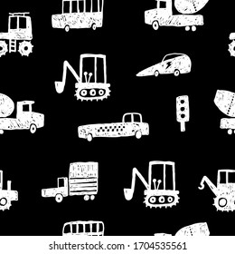 Padrão perfeito com carros bonitos. Ilustração de vetor de carros desenhados à mão. Fundo preto e branco.
