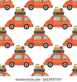 Seamless pattern with cute cars. Hand drawn cartoon transportation background. Used for fabric, textile, wallpaper, wrapping, kids apparel design. Cartoon vector