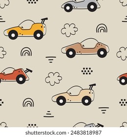 Patrón sin fisuras con coches lindos. Fondo dibujado a mano del transporte de la historieta. Se utiliza para la tela, textil, Fondo de pantalla, envoltura, diseño de ropa de niños. Vector de dibujos animados