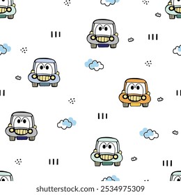 Seamless pattern with cute cars. Hand-drawn cartoon transportation background. Used for fabric, textile, wallpaper, wrapping, kids apparel design. Cartoon vector