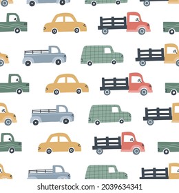 Seamless pattern with cute cars for kids design. Hand drawn vector illustration.