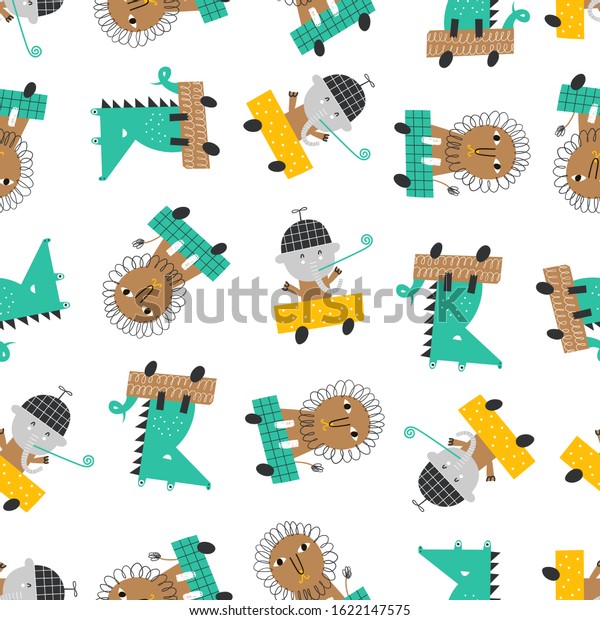 Seamless pattern with cute cars, lion,\
elephant and alligator. Perfect for kids fabric, textile, nursery\
wallpaper. Vector\
Illustration.