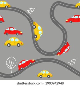 Seamless pattern with cute cars on blue background. Cartoot transport. Vector illustration. Doodle style. Design for baby print, invitation, poster, card, fabric, textile.